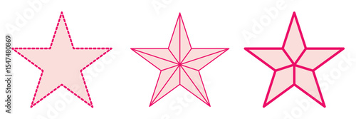 Lone star icon set. Dashed and lone thine line three star icon set. Sharp edges and bold outline in minimalistic design. For graphic design projects, digital illustration. 