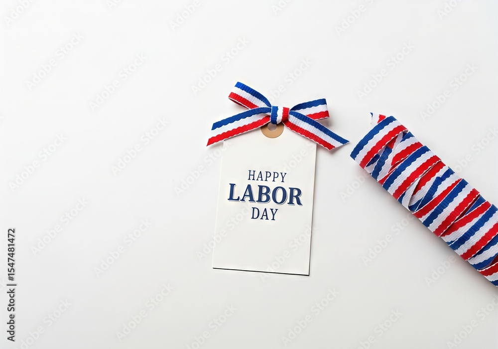 Fototapeta premium Happy labor day card with red, white, and blue ribbon on white background