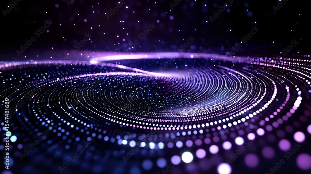 Obraz premium Glowing spiral pattern of luminous dots and lines creating dynamic wave effect in dark space with purple and blue light trails for technology backgrounds.