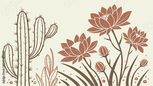 Vintage desert plants line art illustration with saguaro cactus and blooming flowers. Southwestern botanical nature background.