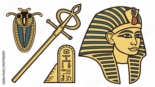 Ancient Egypt symbols set. Golden pharaoh mask, scarab beetle, scepter, and hieroglyph cartouche. Historical artifacts.
