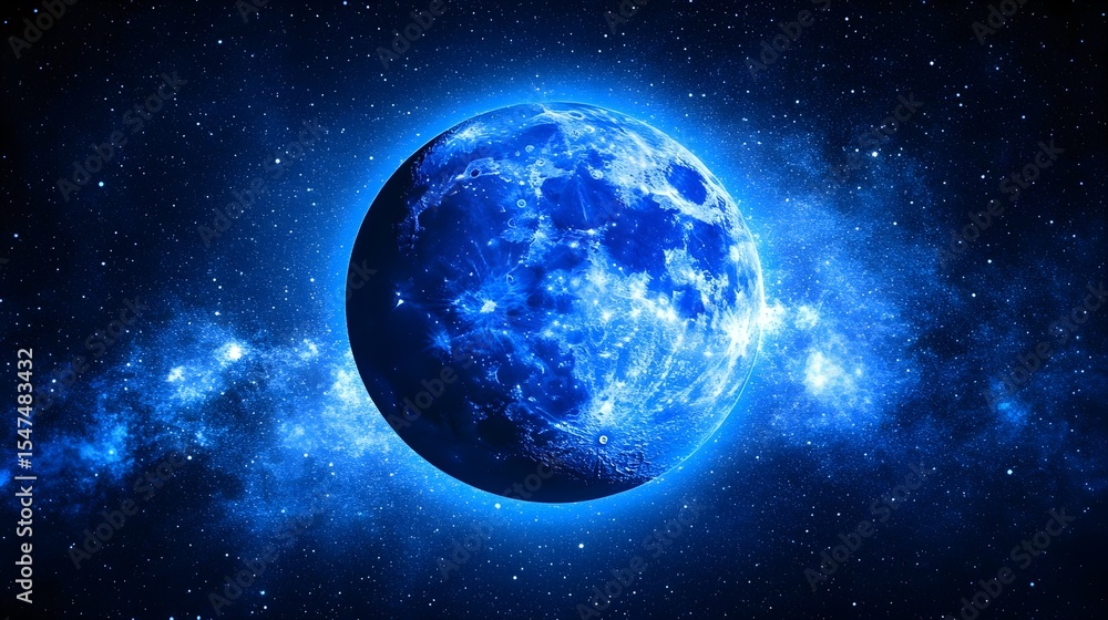 Naklejka premium Blue Moon in a Starry Night Sky, stars, space, galaxy, cosmos, universe