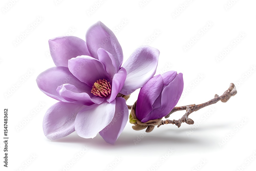 Naklejka premium Elegant Purple Magnolia Flower Blossom with Bud and Branch Isolated on White