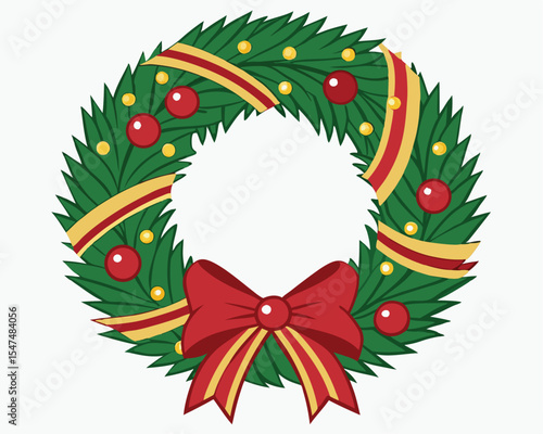 Festive christmas wreath decorated with red bow and ornaments on white background.