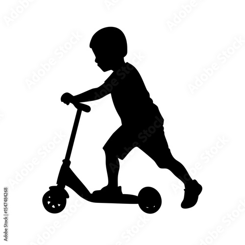 Minimalist black vector icon of a child boy riding a kick scooter, symbolizing play, outdoor activity, fun, and childhood. Isolated on a transparent background