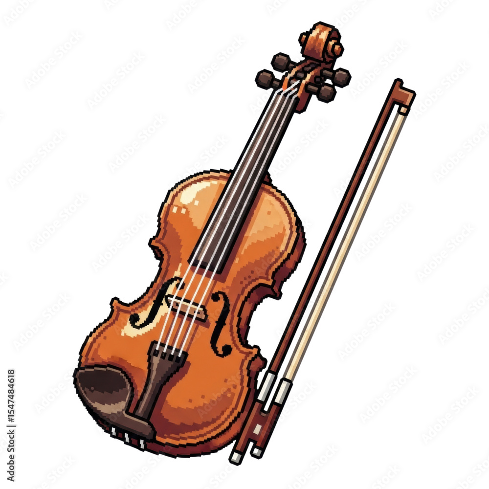 Fototapeta premium Pixel art of a realistic violin and bow in detailed close-up view transparent PNG