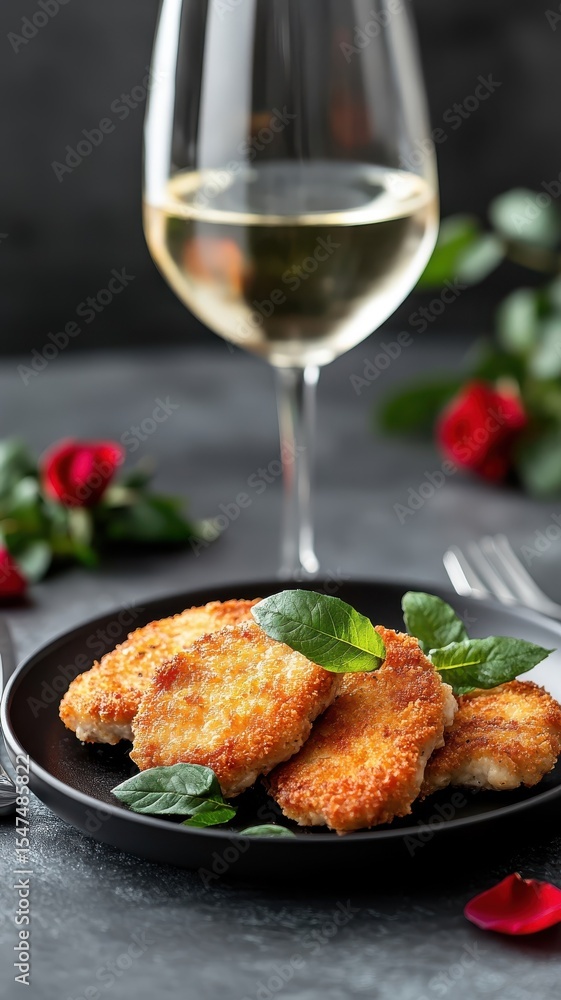 Elegant rose petals surrounding Wiener Schnitzel, adding a refined touch to the dish. Elegant rose petals surrounding Wiener Schnitzel, adding a refined touch to the dish.