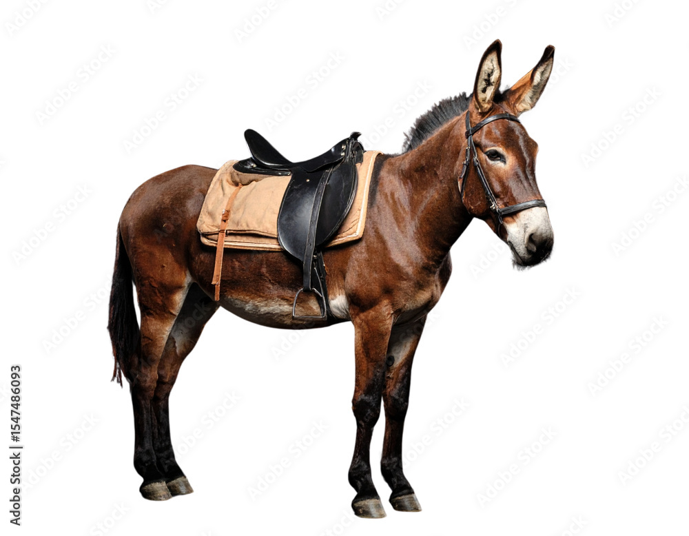 Obraz premium Donkey with Saddle and Carrying Bags on Black Studio Background