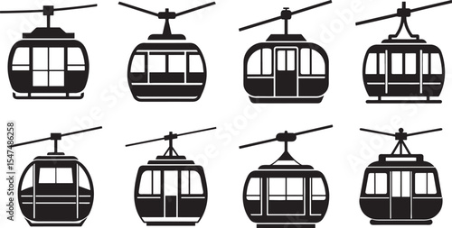 set of cable car silhouette, black and white silhouette, vector and illustration
