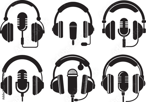 set of headphone with microphone silhouette, black and white silhouette, vector and illustration