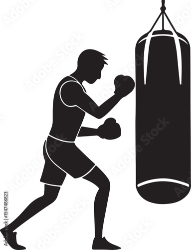 a boxer punching a Heavy bag silhouette, black and white silhouette, vector and illustration
