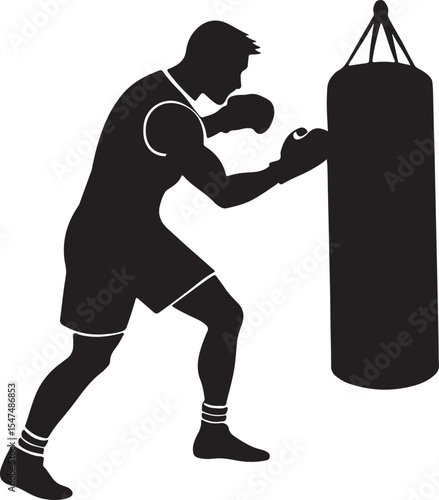 a boxer punching a Heavy bag silhouette, black and white silhouette, vector and illustration
