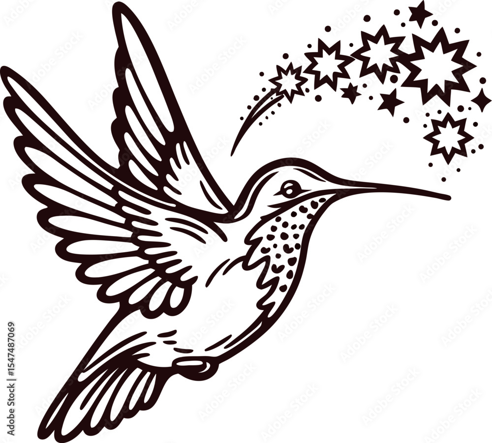 Fototapeta premium Hummingbird with spread wings and magical starburst illustration in hand drawn black ink