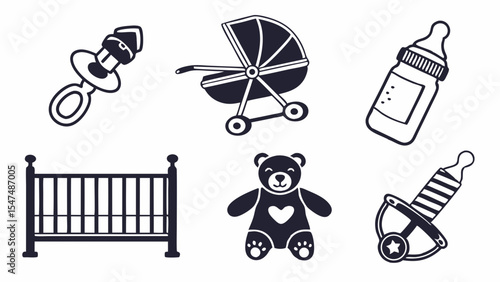 Baby care items icons set. Newborn essentials collection. Pacifier, stroller, bottle, crib, teddy bear, rattle.