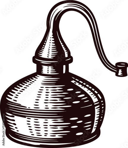 Hand drawn copper alembic still with vintage engraved isolated on white background for distillation concept