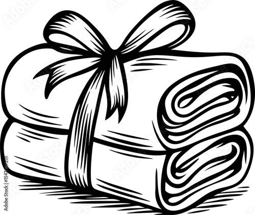 Hand drawn bundle of towels tied with ribbon vintage black and white sketch illustration