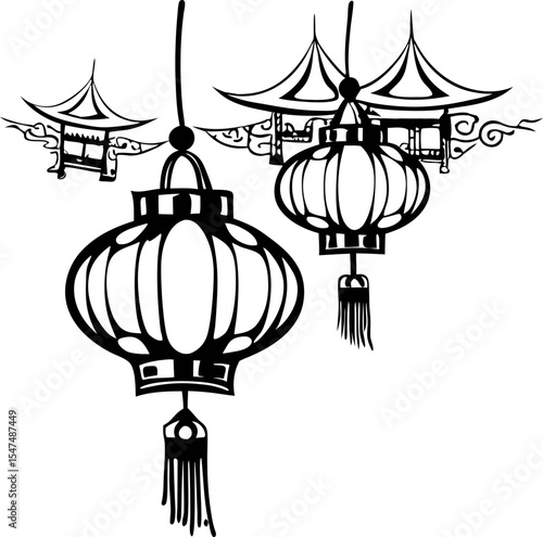 Traditional hanging chinese lanterns with ornate tassels and pagoda elements in black ink illustration