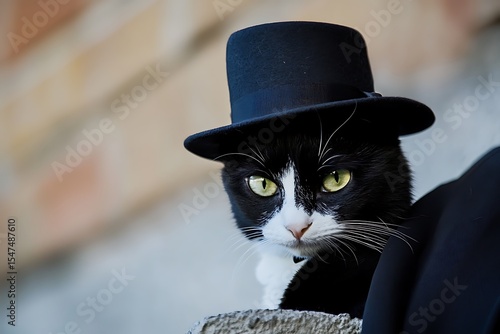 Cat in Top Hat: A tuxedo cat with piercing green eyes, majestically attired in a top hat, stares intensely at the viewer, exuding an air of sophisticated mystery.