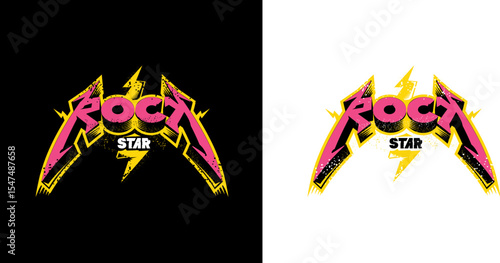Rockstar Label Design Vector Bold Pink and Yellow Grunge Text with Lightning Bolts on Black and White Backgrounds, Ideal for Music, Fashion, and Branding. Rock star label ,print and sticker design
