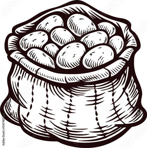 Hand drawn burlap sack filled with potatoes isolated on white background vintage engraving farm produce illustration