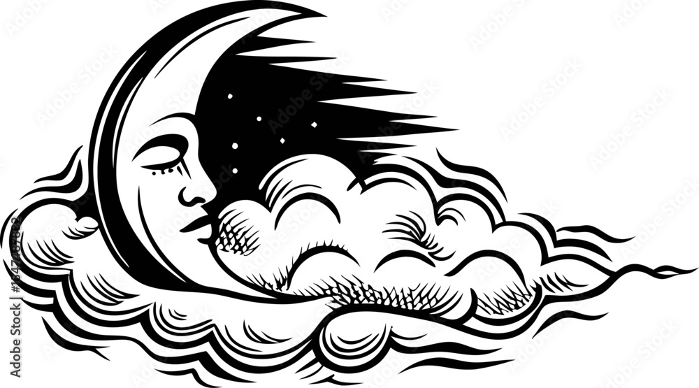 Fototapeta premium Vintage engraving crescent moon with human face blowing wind and clouds, black and white illustration
