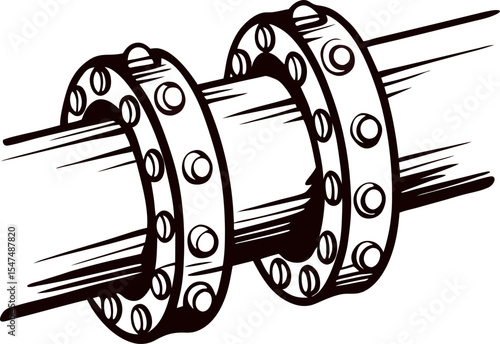 Industrial pipeline with bolted flanges vintage sketch illustration of mechanical engineering component
