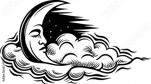 Vintage engraving crescent moon with human face blowing wind and clouds, black and white illustration
