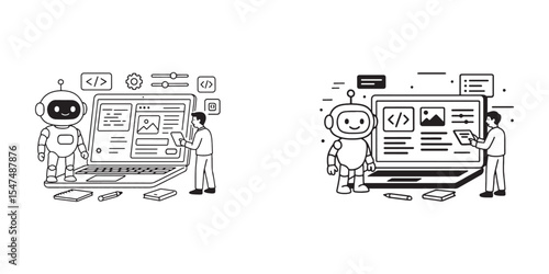 Technology teamwork illustration with robot and human coding together