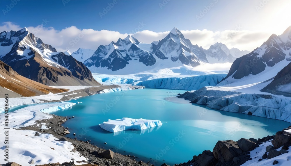 Naklejka premium A breathtaking view of icy mountains and a turquoise glacial lake under a clear blue sky, showcasing the beauty of nature.