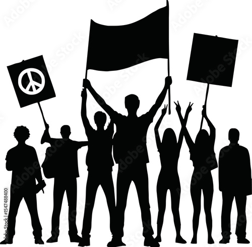 Group of people protesters vector silhouette illustration isolated. Man hand holding sign. Empty banner plate. Blank protest flag. Political agitation campaign. Demonstration social laborers rights