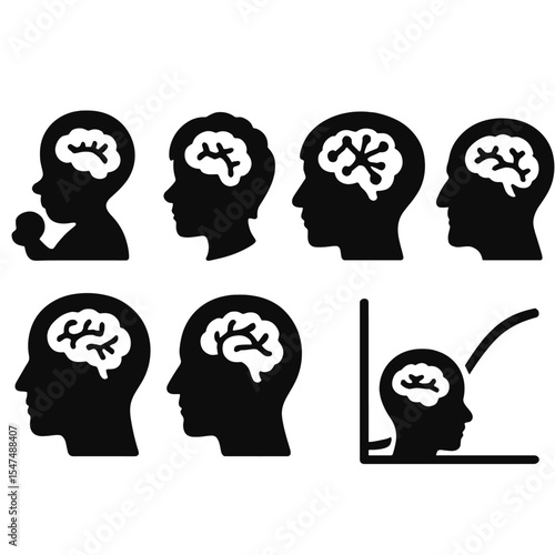 Brain Development Icons. Solid vector icons of brain development over age: baby brain icon, child thinking symbol, teen cognition