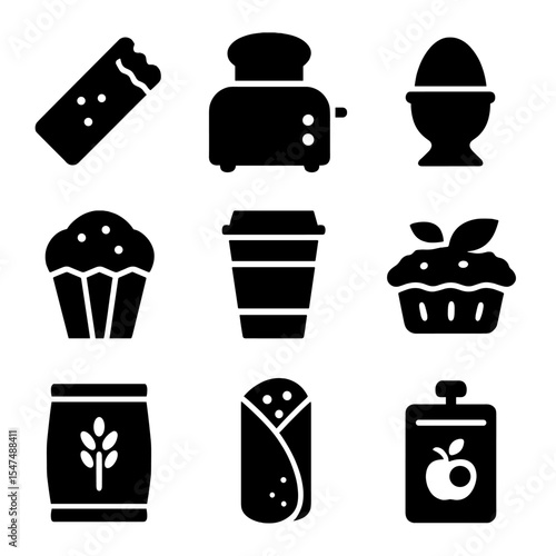 Quick Breakfast Icons. Solid style icons of quick breakfast options: breakfast bar, toaster with bread, egg on-the-go cup, wrapped