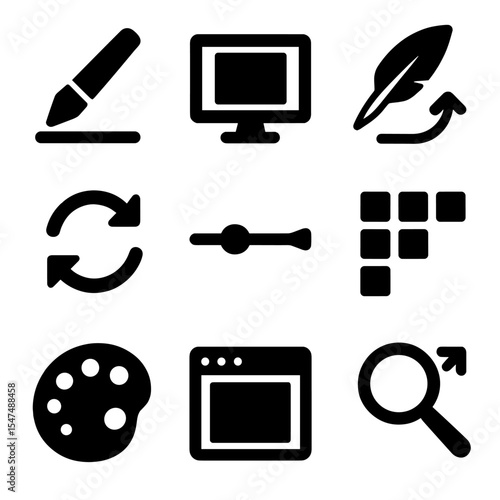 Digital Art Tools Icons. Solid vector icons of digital art tools: stylus with tablet, digital canvas icon, pressure sensitivity