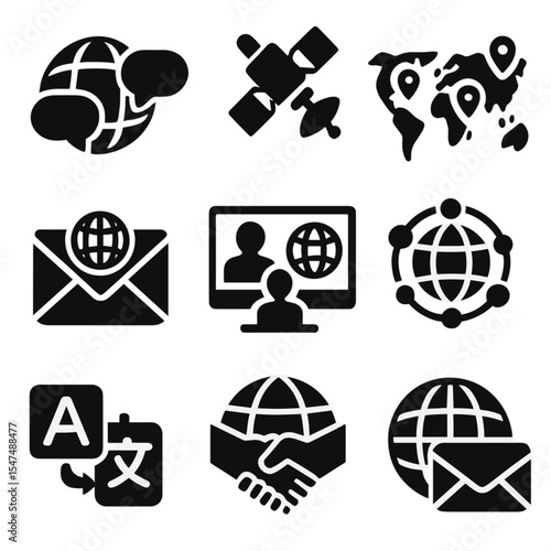 Global Communication Icons. Solid vector icons of global communication elements: globe with chat bubbles, satellite around Earth,