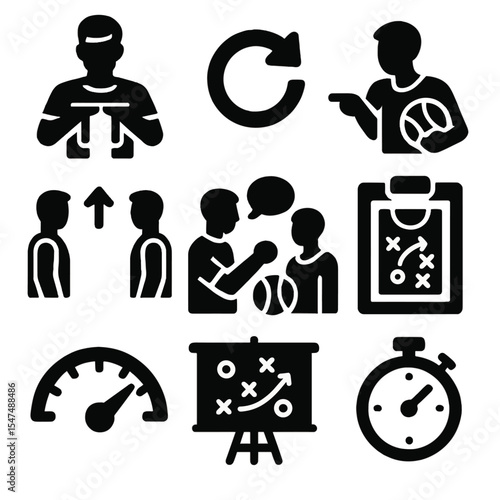 Game Strategy Icons. Solid style icons of in-game decisions: timeout signal, strategy shift icon, sub-in icon, sub-out gesture,