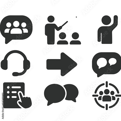 Team Communication Icons. Solid style icons of team communication: team talk bubble, coach briefing group, headset with mic,