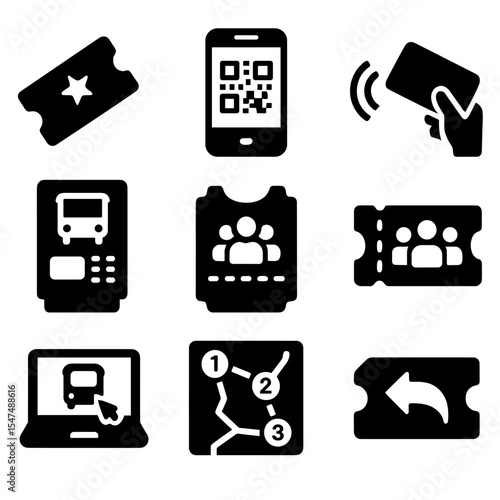 Bus Ticketing Icons. Solid vector icons of bus ticketing and payments: paper ticket, digital QR ticket, tap card, ticket machine,
