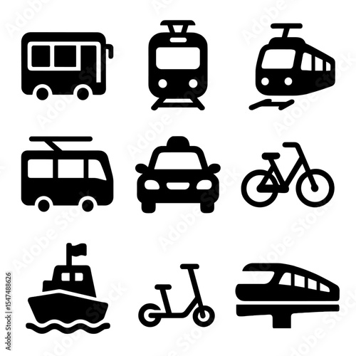 Urban Transport Icons. Solid vector icons of urban transport modes: city bus, metro train, tram, trolleybus, taxi cab, bike