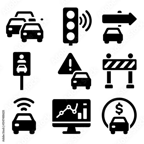 Traffic Control Icons. Solid vector icons of traffic congestion and control: traffic jam icon, smart traffic lights, detour route