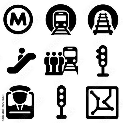 Metro Icon Set. Solid vector icons of metro systems: metro logo, train entering tunnel, underground rails, escalator to metro,