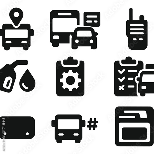 Bus Fleet Management Icons. Solid vector icons of bus fleet management: vehicle tracking GPS, fleet schedule board, driver roster,
