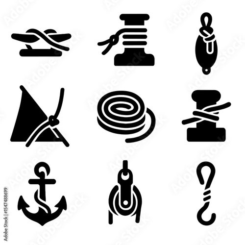 Boat Rope Applications. Solid vector icons of rope applications on boats: rope tied to cleat, rope on winch, rope securing fender,