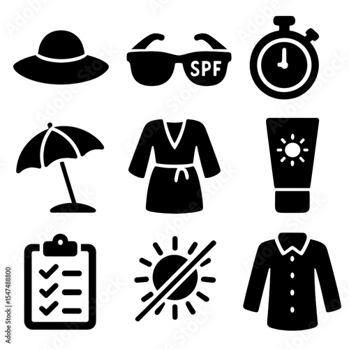 Sunscreen Essentials Icons. Solid style icons of sunscreen accessories and habits: sun hat, sunglasses with SPF, timer to reapply,