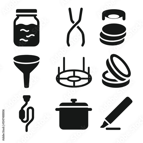 Fermentation and Canning Tools. Solid style icons of fermentation and canning tools: fermentation jar, pickling weights, canning
