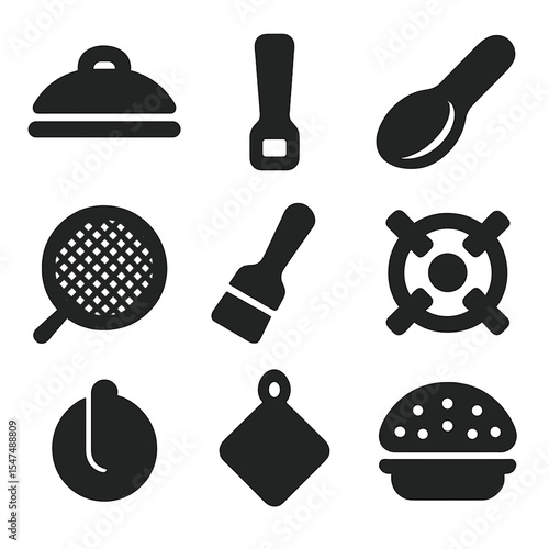 Stovetop Utensils Icons. Solid style icons of stovetop and cooking utensils: pot lid, pan handle grip, spoon rest, splatter guard,