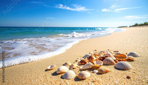 A beautiful beach scene featuring seashells scattered on golden sand by the gentle waves of a clear blue ocean under a sunny sky.