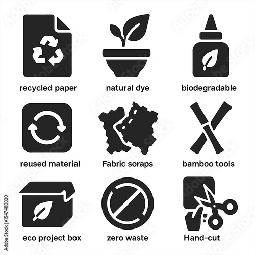 Eco-Friendly Crafting Icons. Solid style icons of eco-friendly crafting: recycled paper, natural dye, biodegradable glue, reused