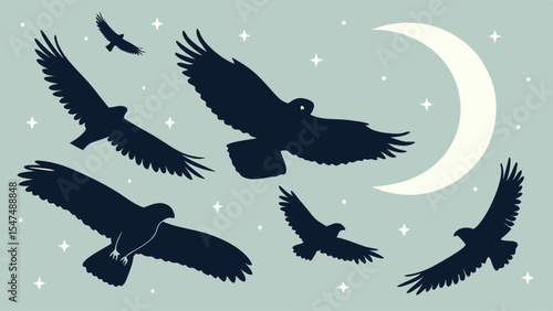 Flying Eagles and Hawks Silhouettes in Night Sky with Moon and Stars. Majestic Birds of Prey Soaring. Wildlife Nature.