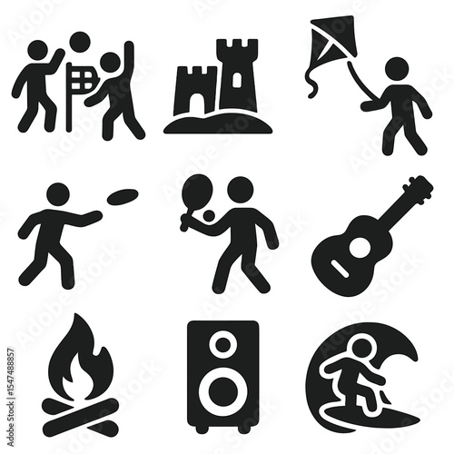 Seaside Fun Icons. Solid style icons of seaside entertainment: beach volleyball, sandcastle, kite flying, frisbee throw, paddle