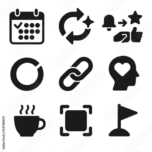 Conscious Habit Icons. Solid style icons of conscious habits: habit tracker, repeat symbol with spark, cue-action-reward, progress